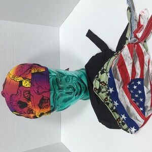 Motorcycle Headwraps Skulls Stars Stripes Black Cotton Set 4